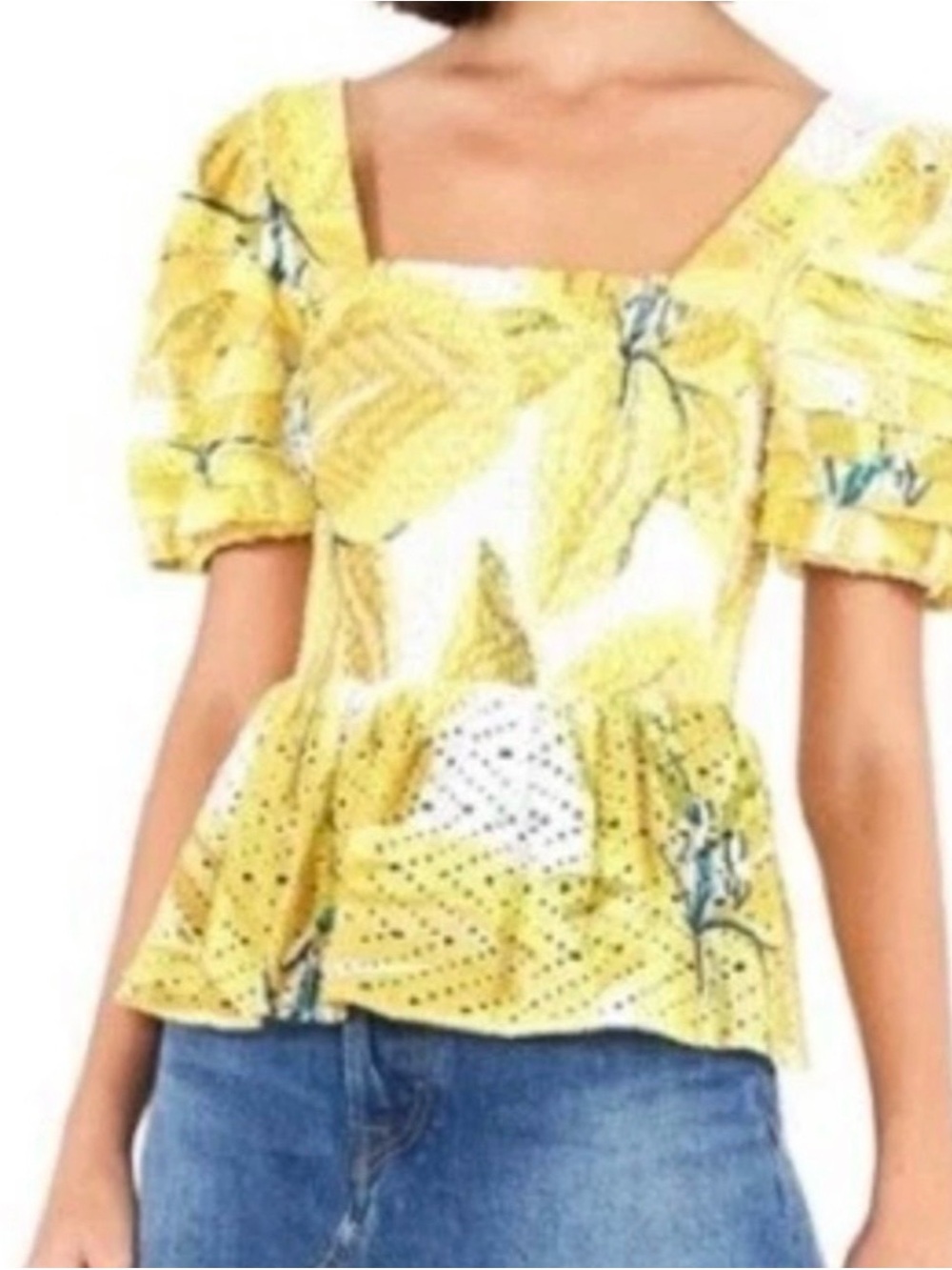 Anthropologie FARM RIO Yellow Floral Square-Neck Peplum Top size XL